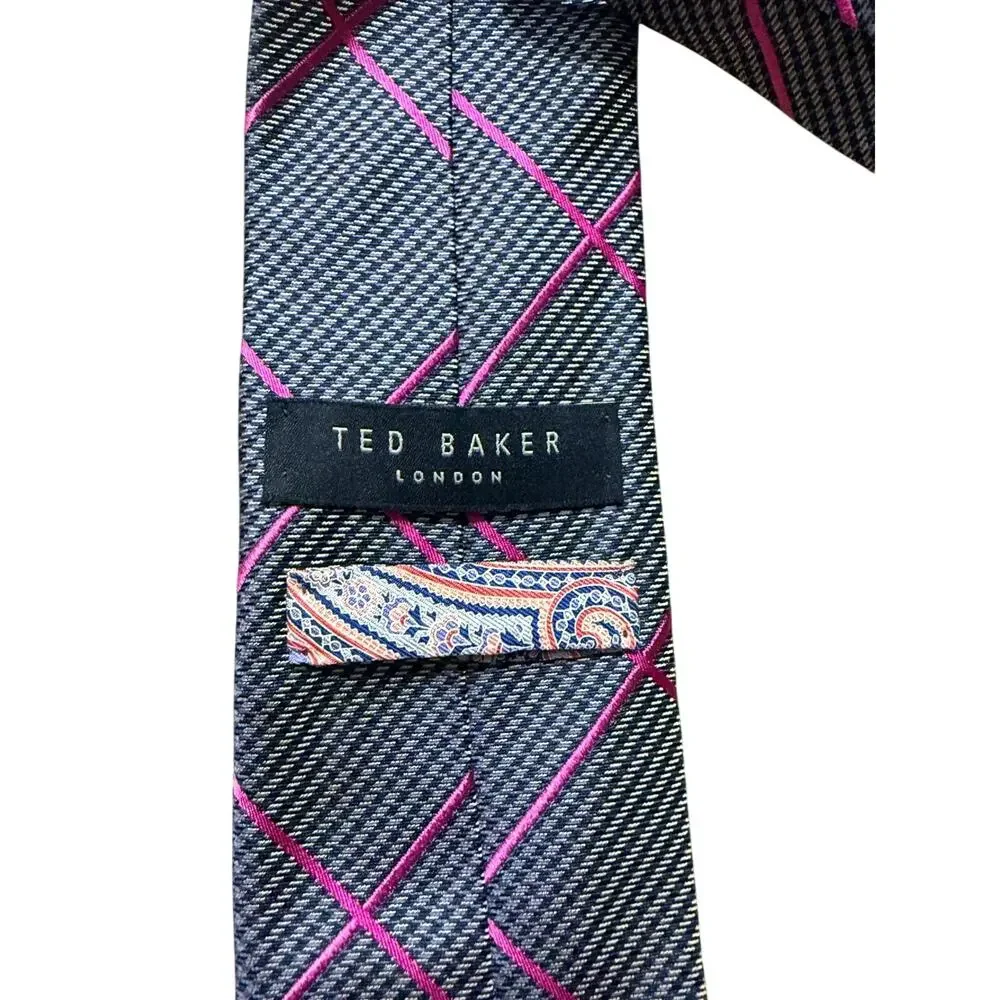 Ted Baker London Grey & Pink Textured Crosshatch 100% Silk Necktie